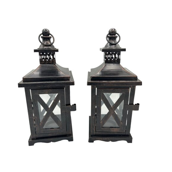 2 Metal and Glass Candle Lanterns Oil Rubbed Bronze New 10" x 4" Votive Candle h - Picture 7 of 14